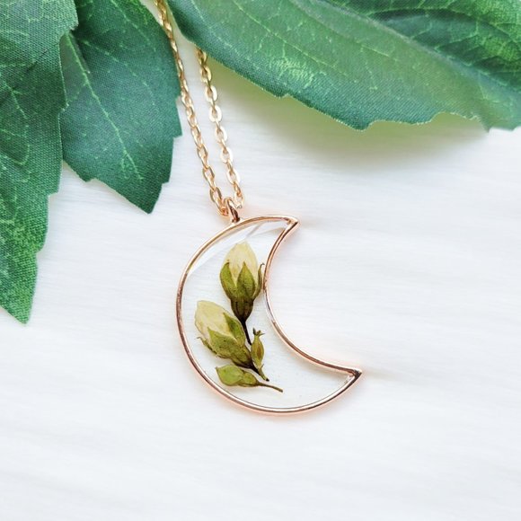 Lovely Lotus Jewelry - Pressed Dried Flower Bud Bouquet Crescent Moon Floral Resin Pendant Necklace